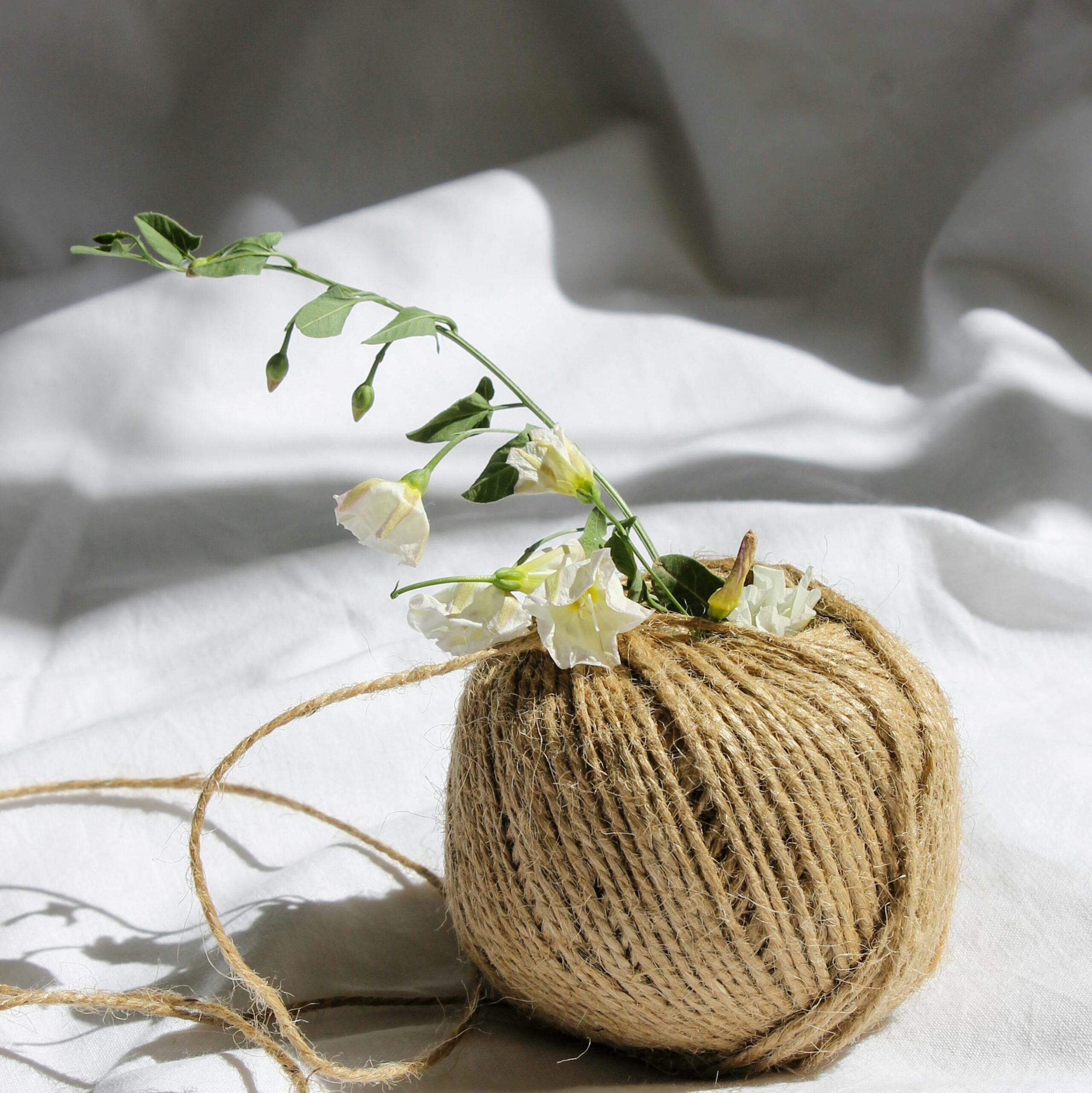 pexels-photo-10433953-10433953 A rustic ball of twine with delicate white flowers on a soft white fabric backdrop.